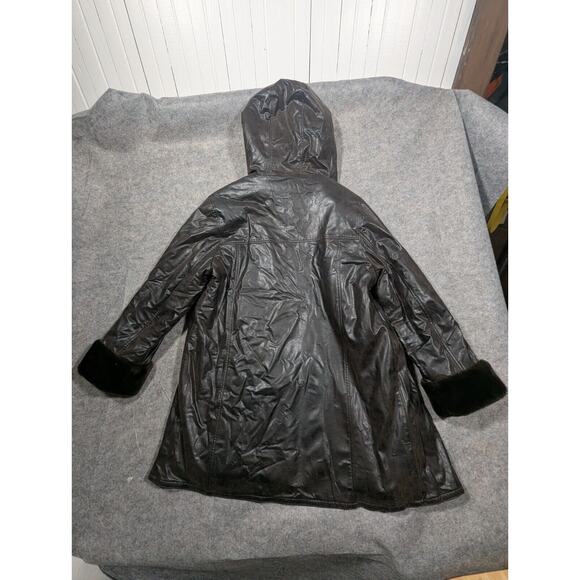 Collection Nuage Brown Faux Fur Leather Coat Button Mob Wife Hooded Oversized - Picture 13 of 13